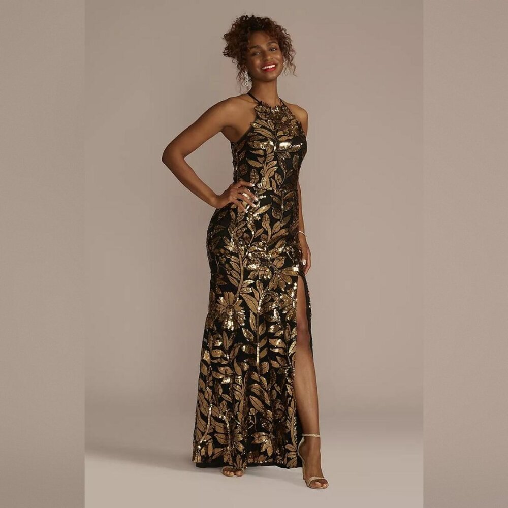 Floral Sequined Halter Sheath Dress